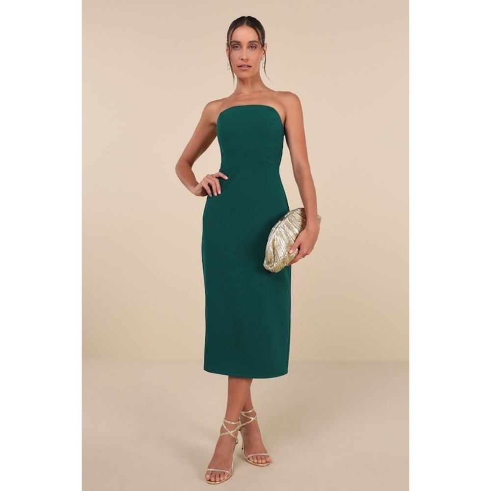 Lulus Vip Instinct Emerald Green Strapless Midi Dress - Size S